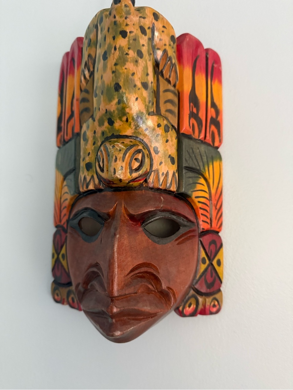 Hand-Carved Wooden Jaguar Headdress Wall Mask - Multicolor